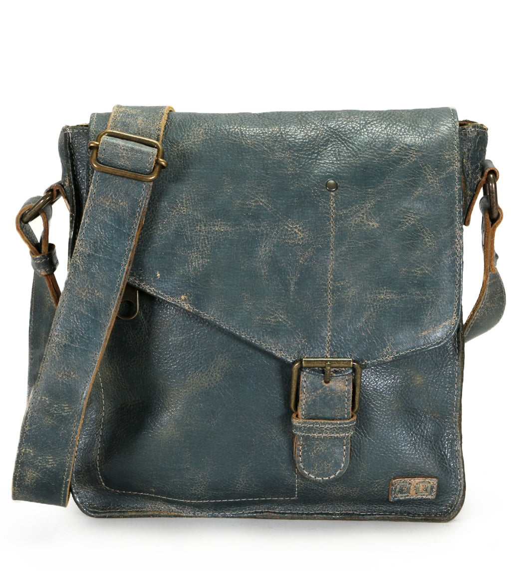 A teal Venice Beach leather messenger bag with an adjustable strap by Bed Stu.