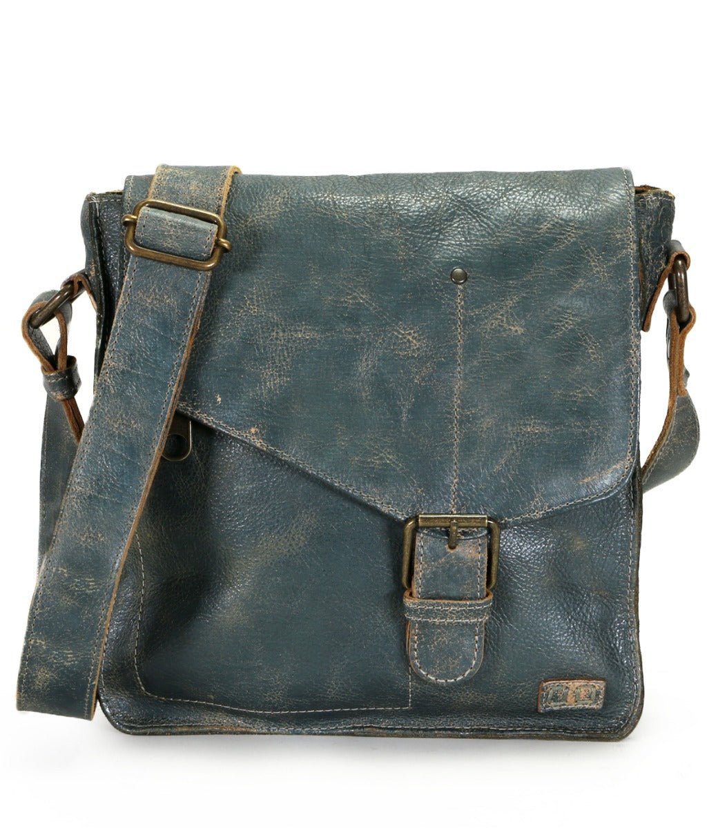 A teal Venice Beach leather messenger bag with an adjustable strap by Bed Stu.