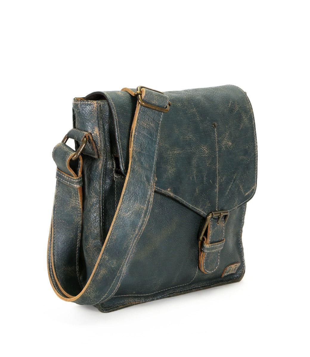 A Venice Beach teal leather messenger bag with an adjustable strap, made by Bed Stu.