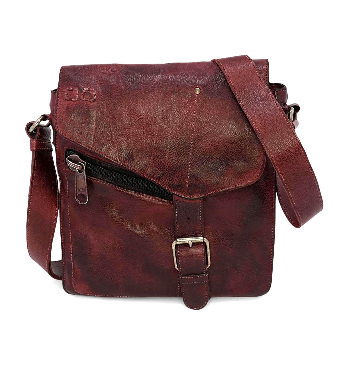 A timeless Venice Beach red leather messenger bag with a zipper, crafted as a vintage-inspired Bed Stu masterpiece.