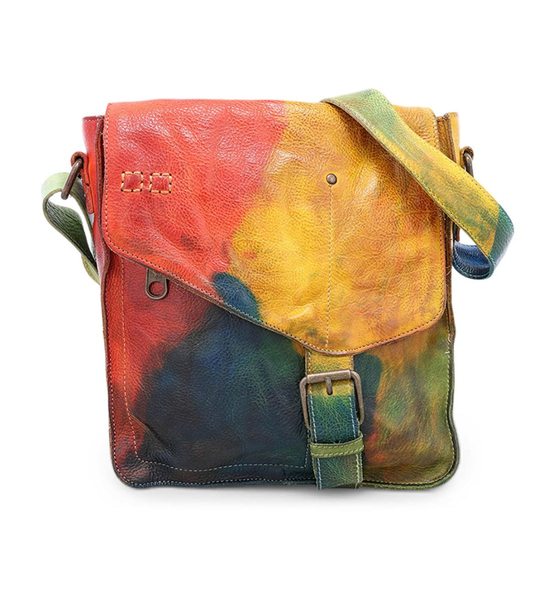 A colorful Venice Beach leather messenger bag with a strap from Bed Stu.