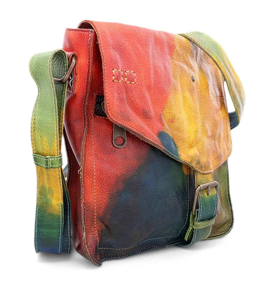 A colorful Venice Beach pure leather messenger bag with a strap from Bed Stu.