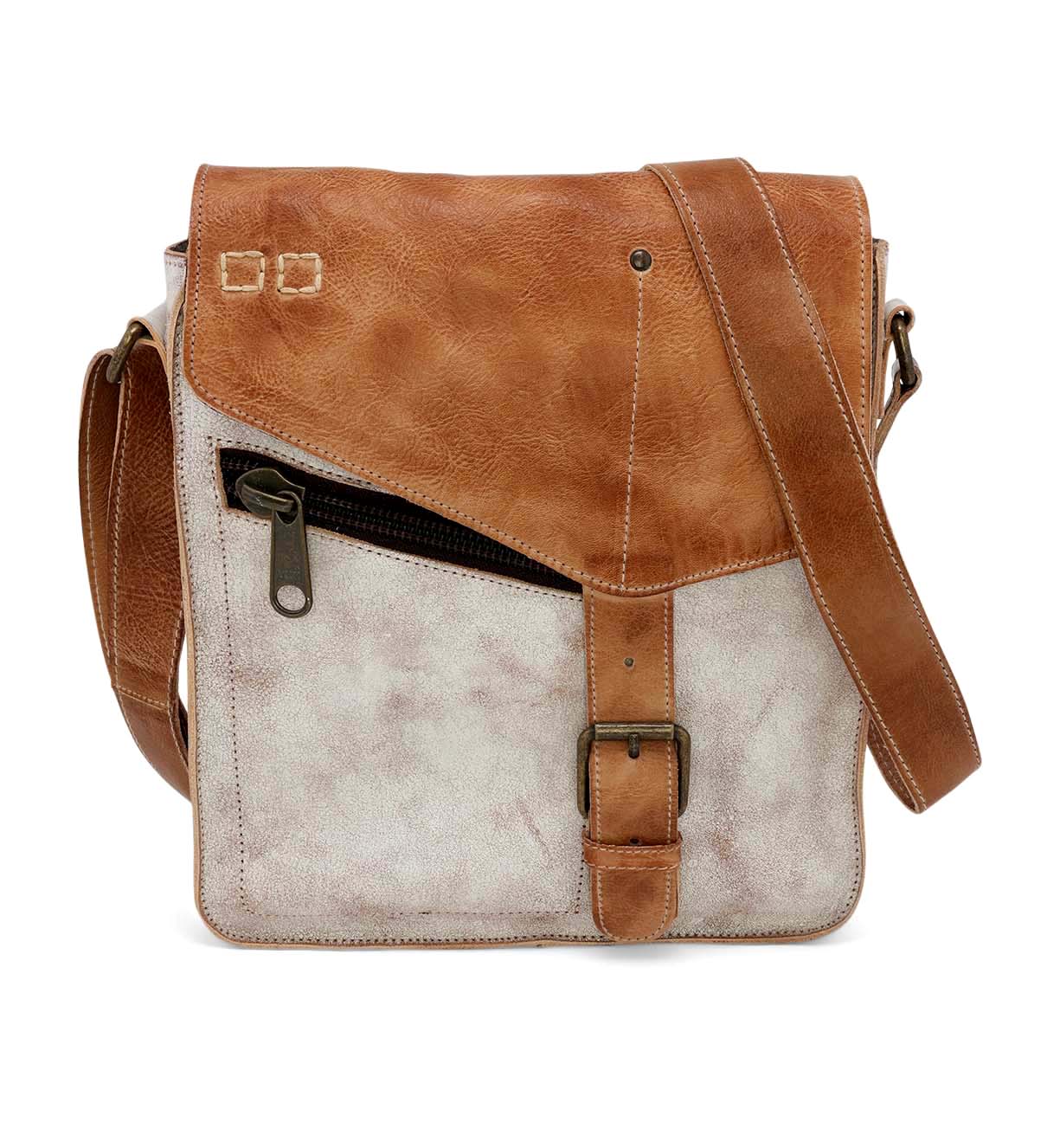 A brown and white Venice Beach leather messenger bag by Bed Stu.