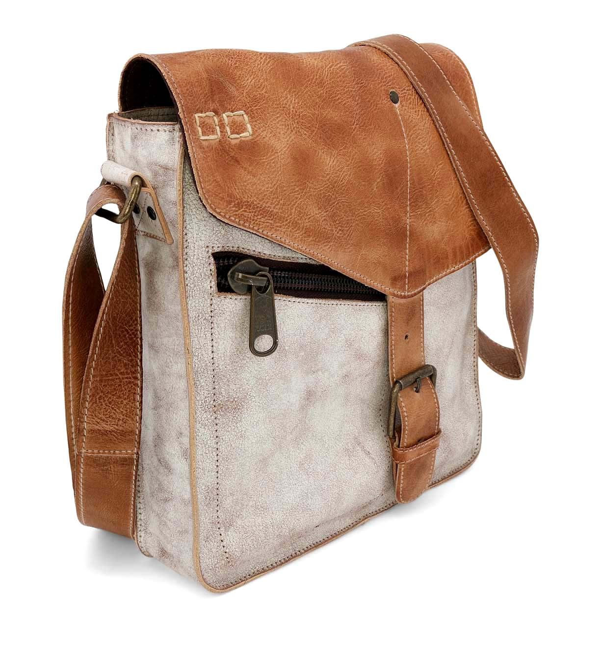 A white and tan Venice Beach pure leather messenger bag by Bed Stu.