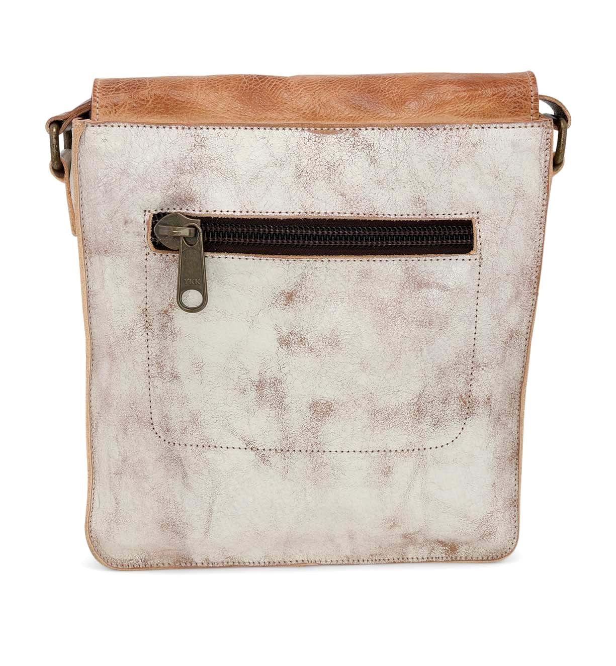 A white and tan leather Venice Beach bag with a zippered compartment by Bed Stu.
