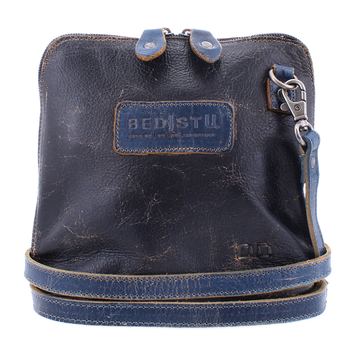 A black and blue leather cross body bag with a strap, the Ventura by Bed Stu.