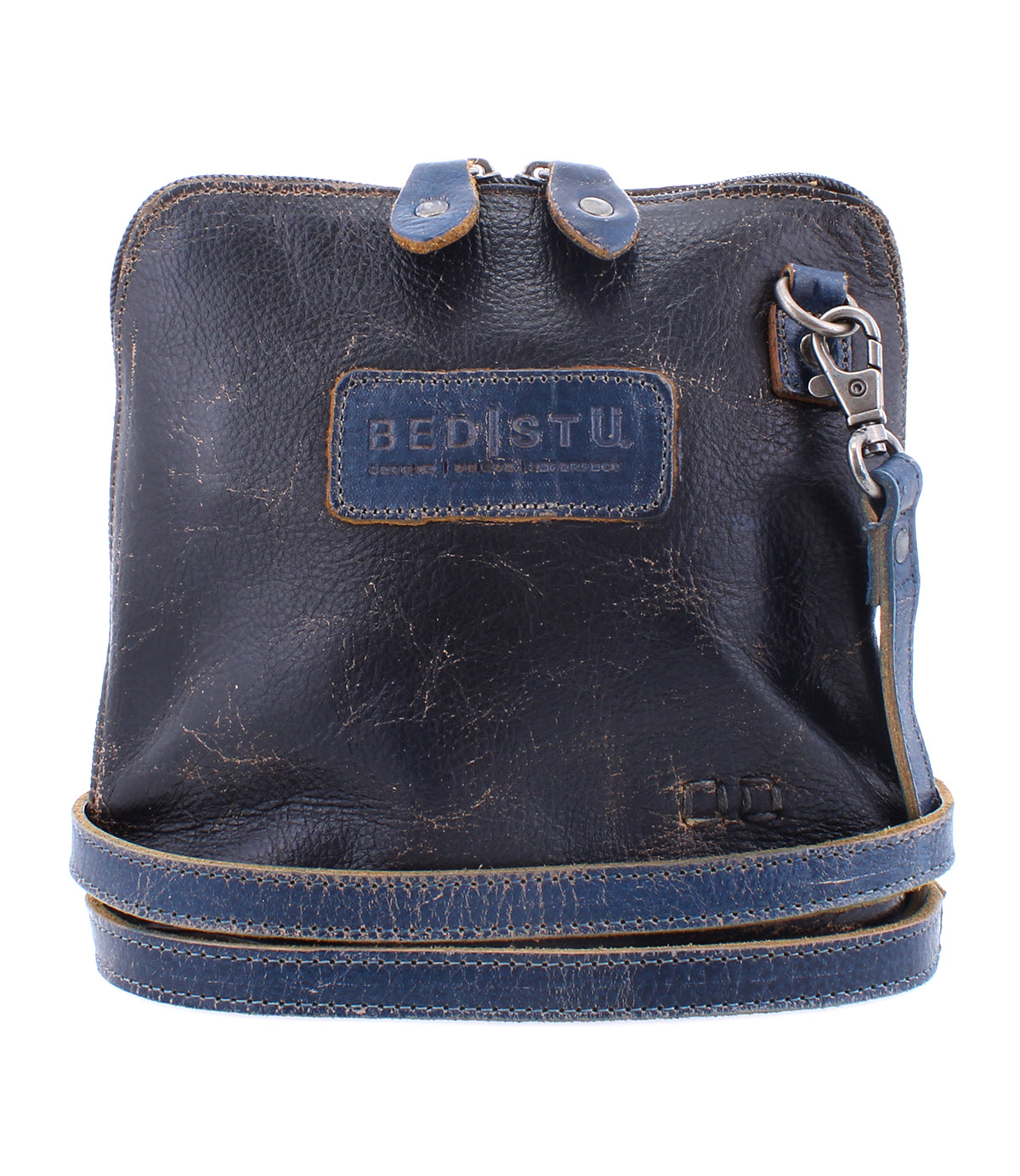 A black and blue leather cross body bag with a strap, the Ventura by Bed Stu.