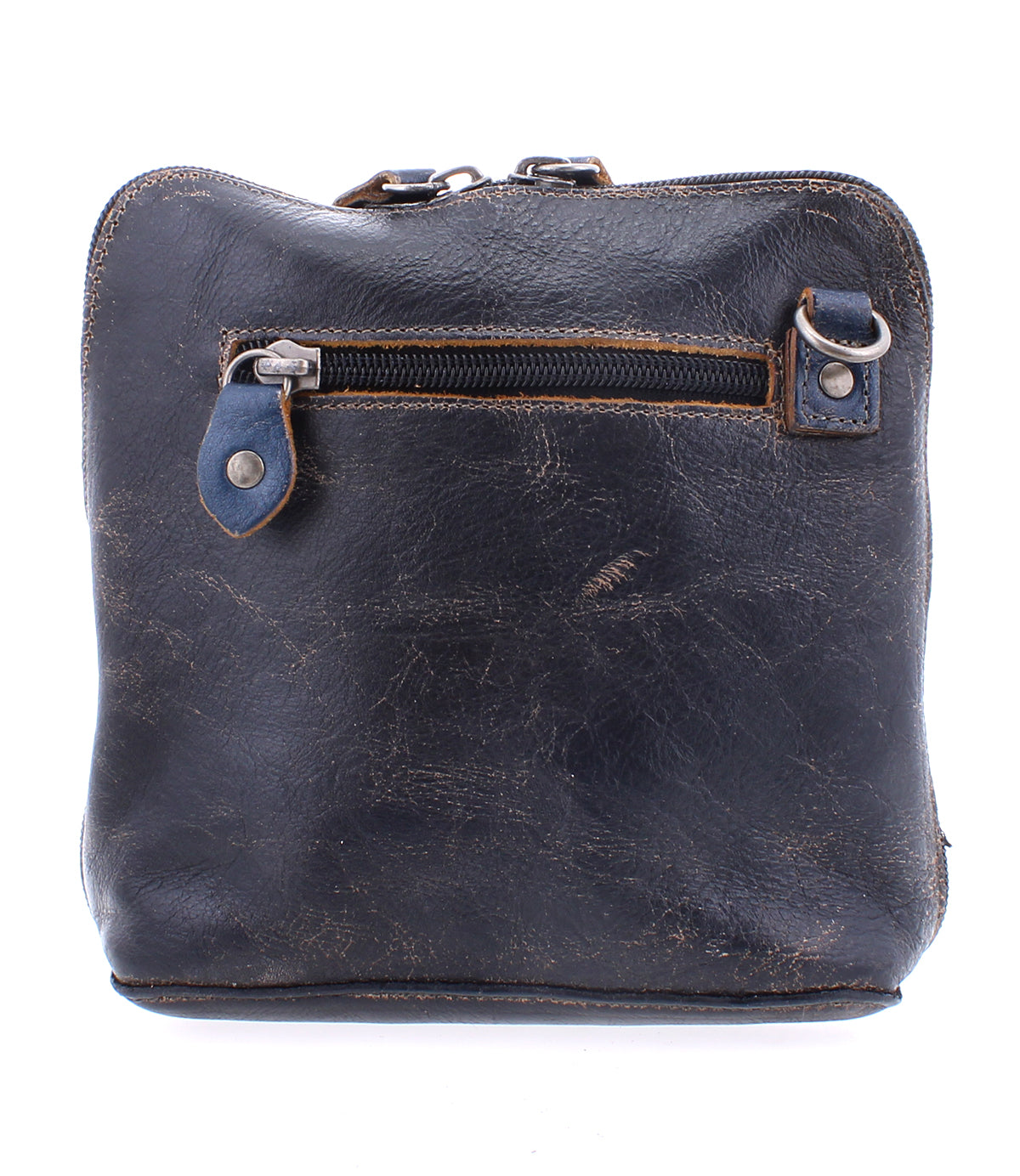 A Bed Stu black leather cross body bag with a zipper.