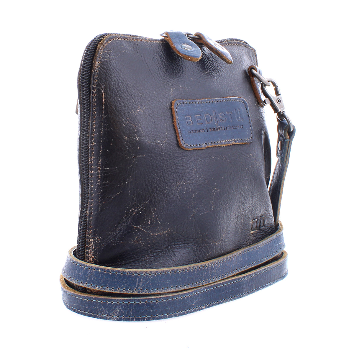 A black and blue Bed Stu Ventura leather crossbody bag.