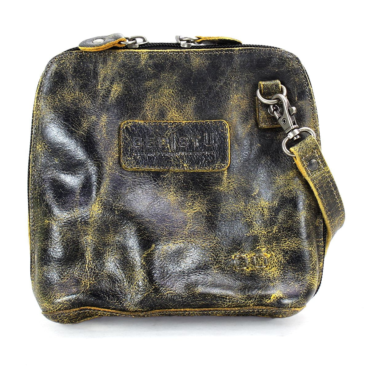 The Ventura by Bed Stu is a worn, distressed leather messenger bag featuring zippered pockets, a zipper closure, and an adjustable strap. This leather gem can be worn as a cross-body for effortless style and convenience.