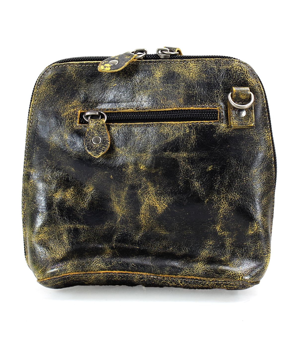 The Ventura by Bed Stu is a worn black leather bag featuring a front zippered pocket, metal buckles on top, and a versatile crossbody strap.