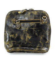 The Ventura by Bed Stu is a worn black leather bag featuring a front zippered pocket, metal buckles on top, and a versatile crossbody strap.