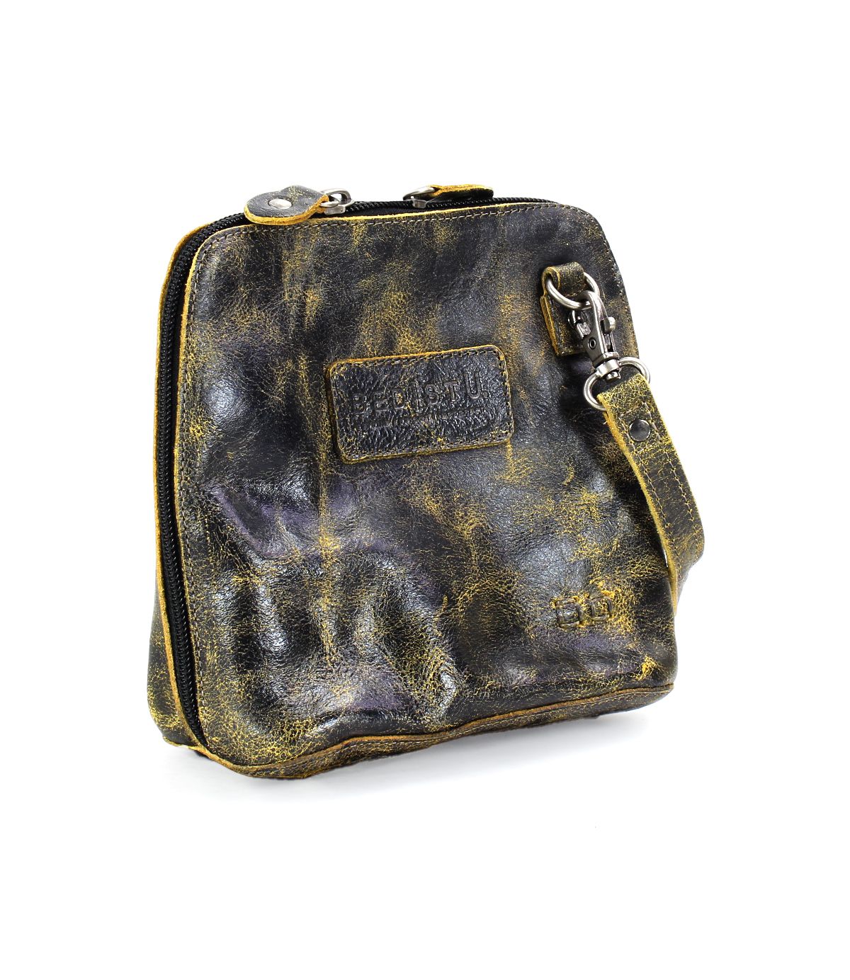 Introducing the Ventura, a distressed dark leather zippered pouch by Bed Stu, featuring a small strap and a metal clasp on the side.