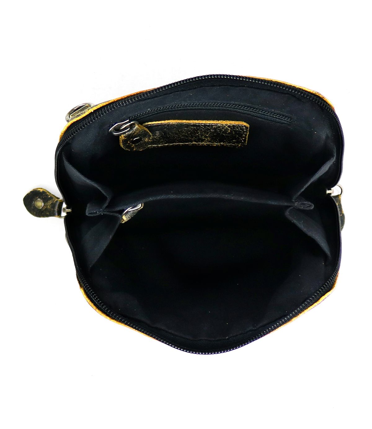 An open Ventura handbag by Bed Stu, featuring black and brown leather with zippered pockets and multiple compartments visible inside.
