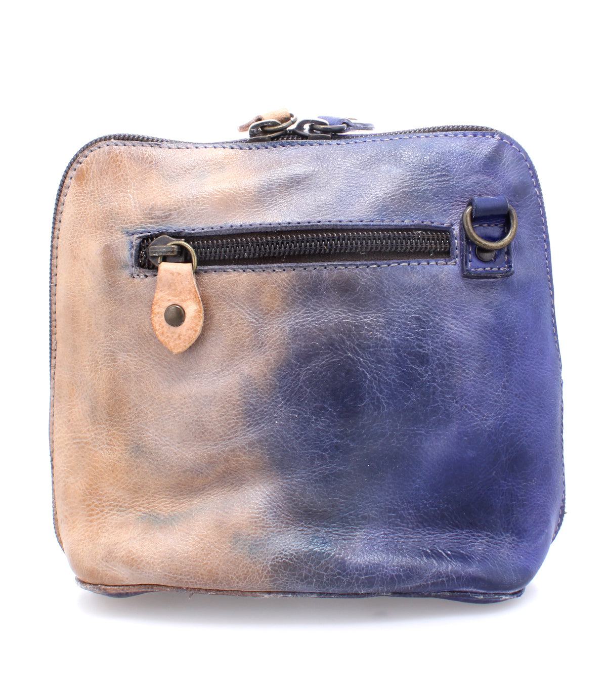 A blue and tan leather Bed Stu purse with a zipper, perfect for your Saturday adventure in Ventura.