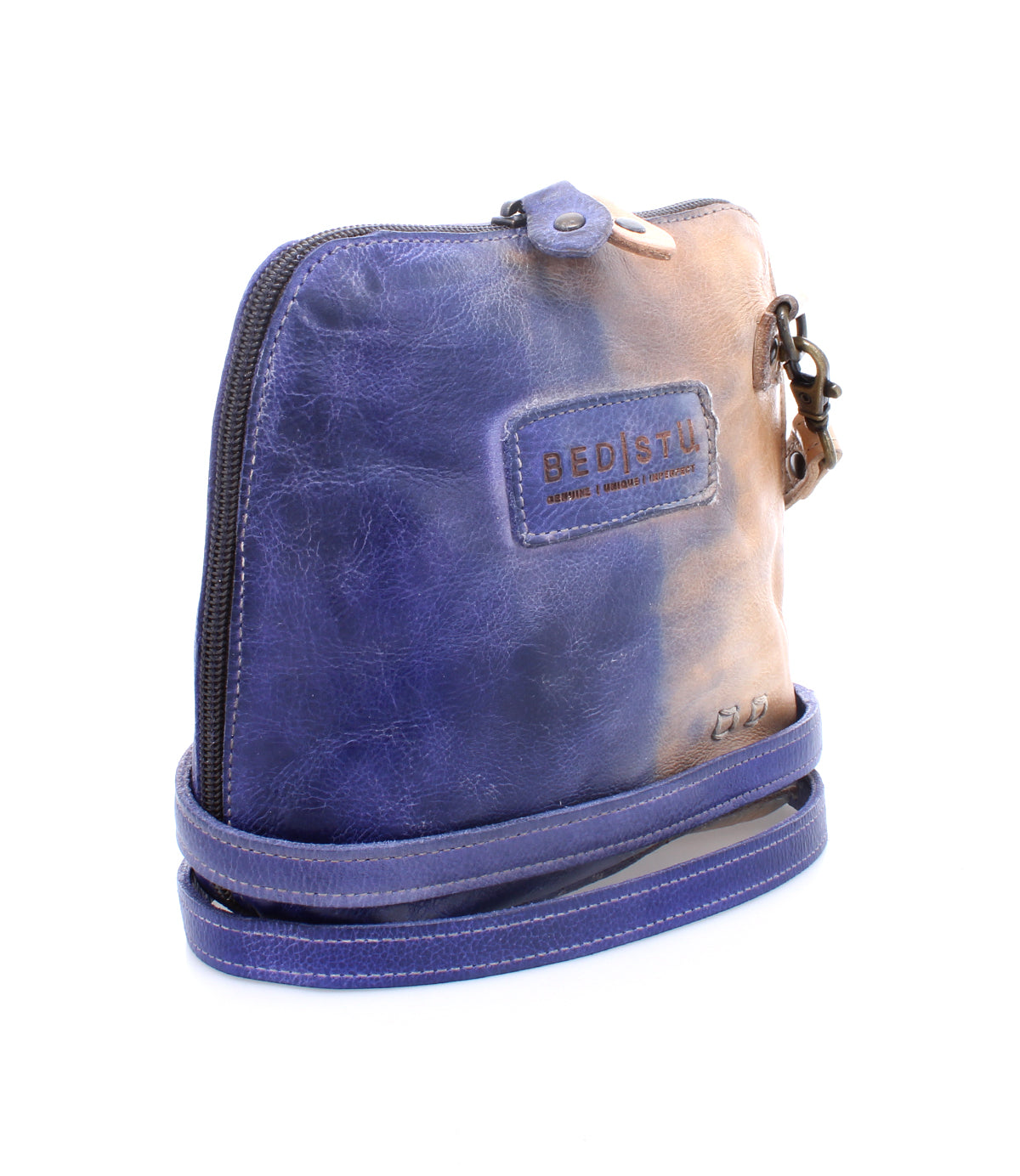 A blue and brown Bed Stu Ventura leather purse with a zipper, perfect for a Saturday adventure.