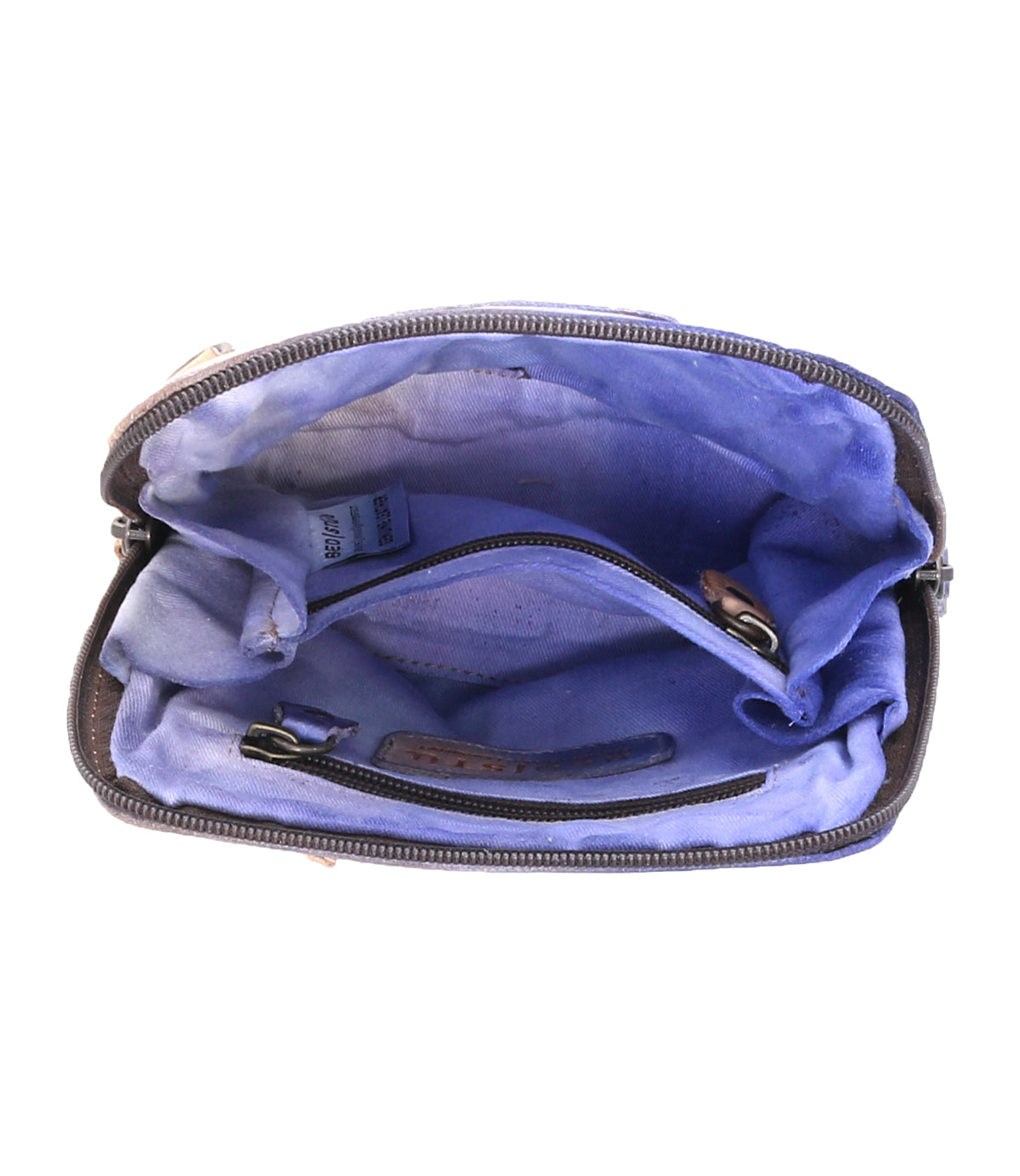 A Bed Stu leather gem from Ventura, tucked inside a blue purse with a zipper, awaits its Saturday adventure.
