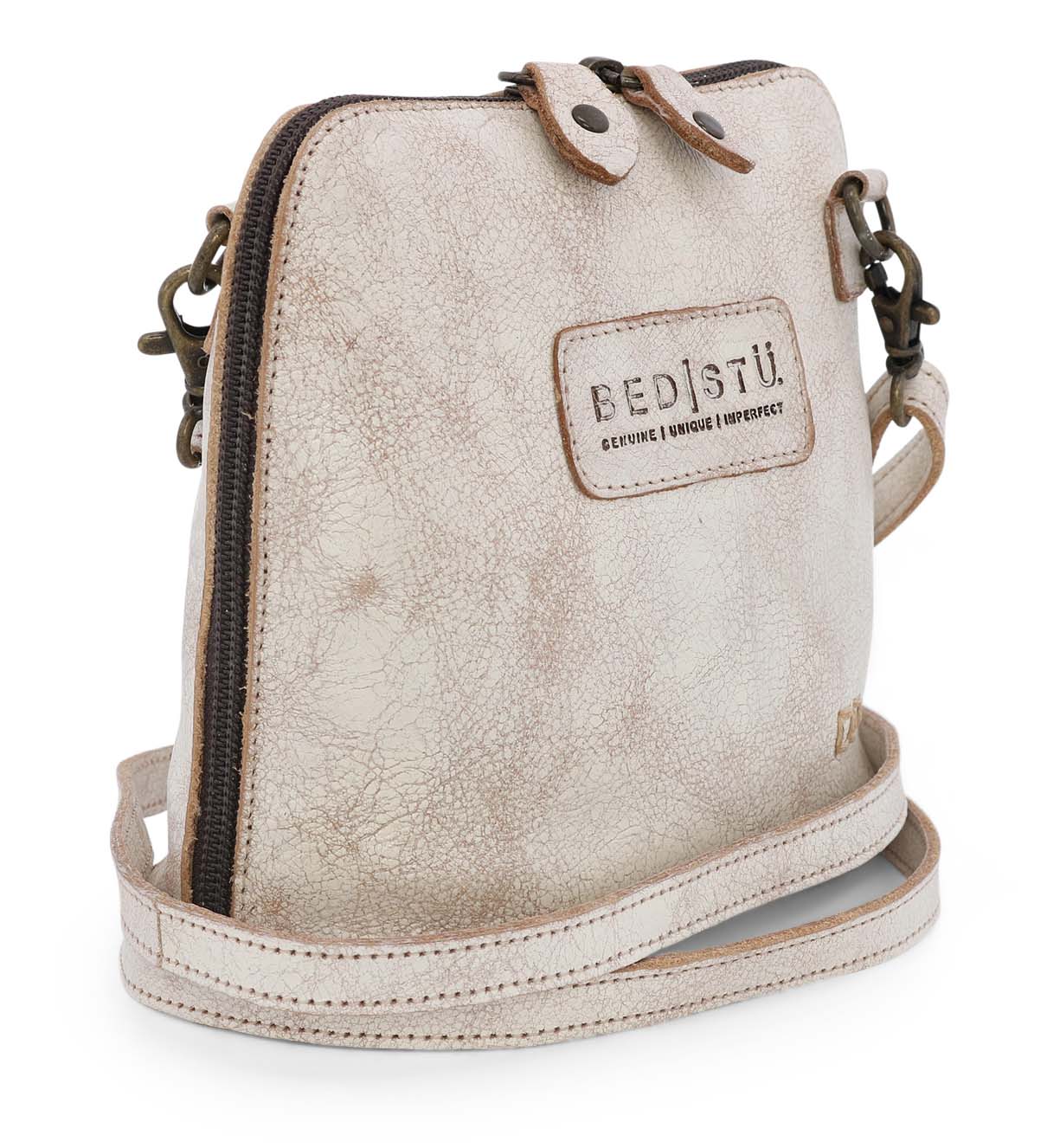 A white leather cross body bag with the word Ventura by Bed Stu on it.
