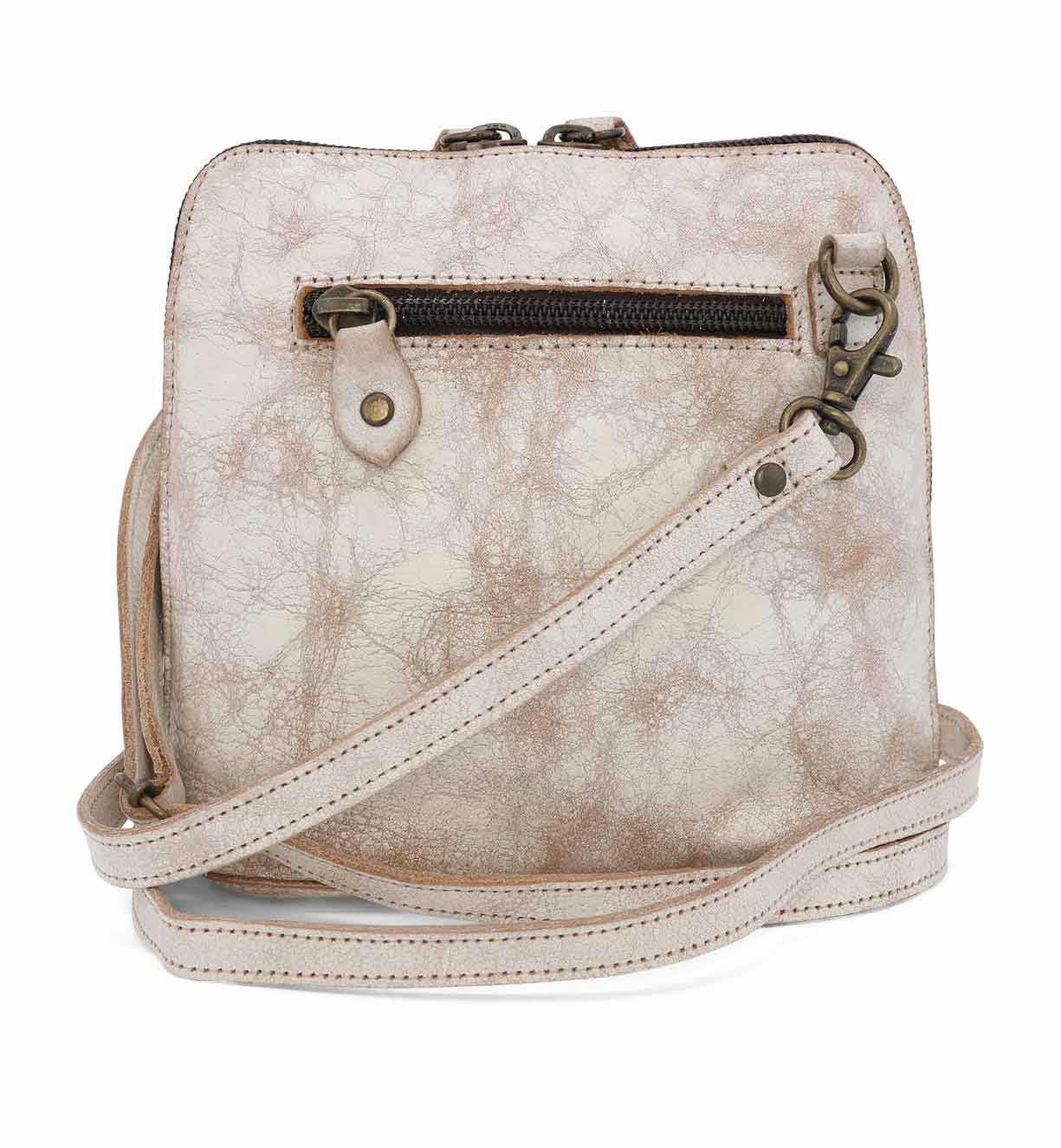 A white leather Bed Stu Ventura cross body bag with a strap.