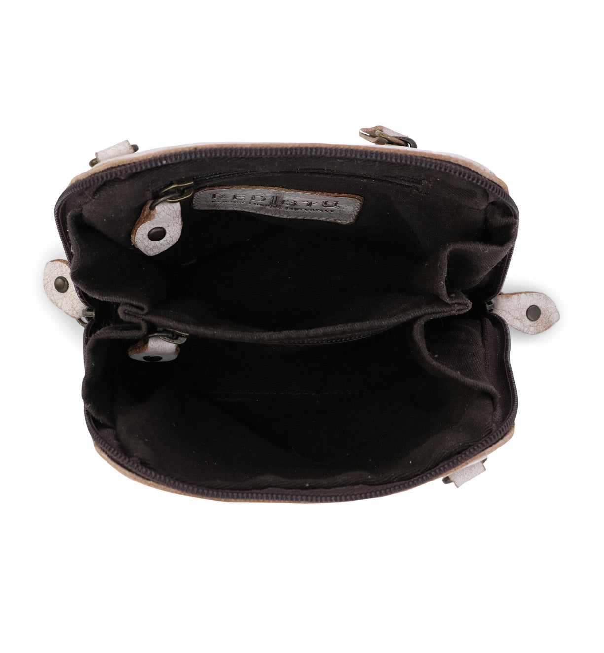 The inside of a Brown Ventura purse with a zipper, Bed Stu.