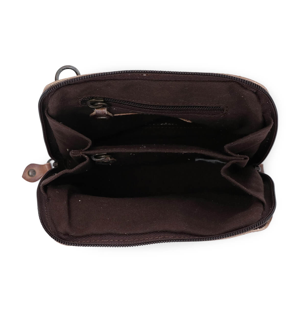 The inside of a Ventura brown purse with two zippers, by Bed Stu.