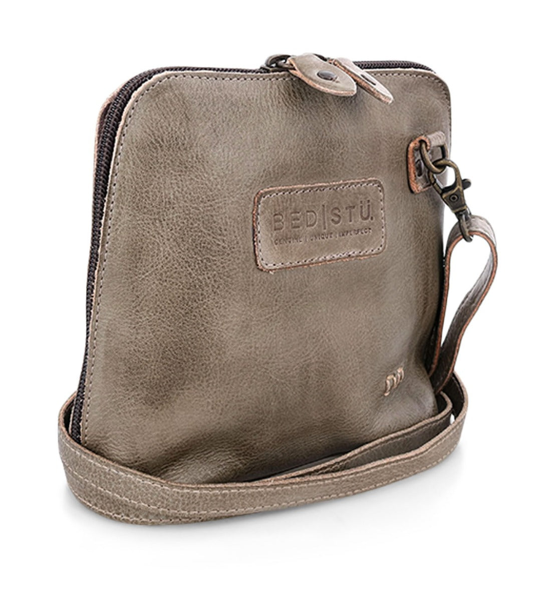 A grey leather Ventura cross body bag with a strap by Bed Stu.