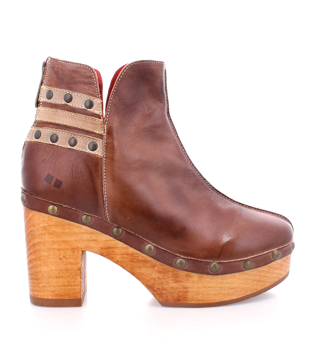 A luxury women's leather bootie with wooden platform in a brown shade, the Viena by Bed Stu.