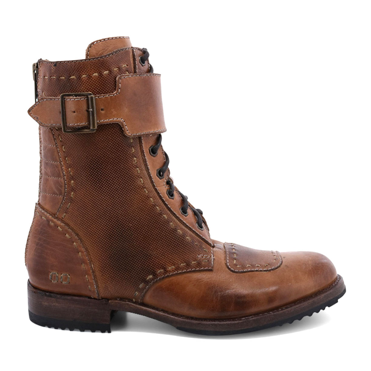 Side view of a single brown Bed Stu Walker lace-up boot with a buckled strap, isolated on a white background.