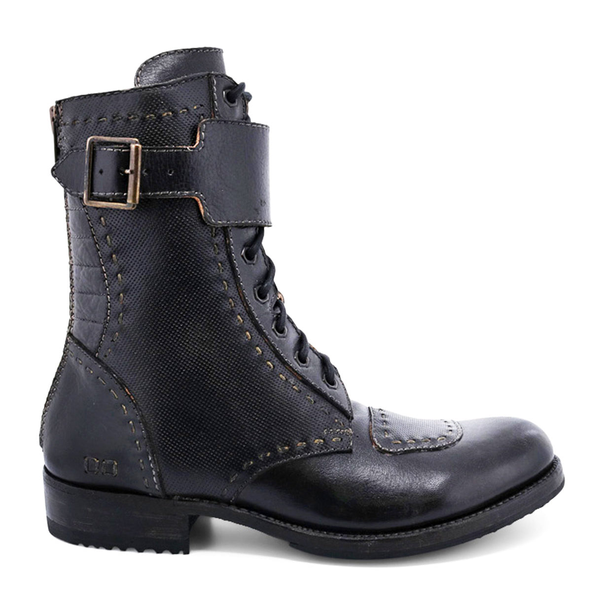 Black leather moto-inspired Walker boot with a buckle, lace-up front, and detailed stitching, isolated on a white background by Bed Stu.