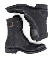 A pair of black vegetable tanned leather Walker combat boots from Bed Stu with buckles and visible stitching, viewed from above on a white background.