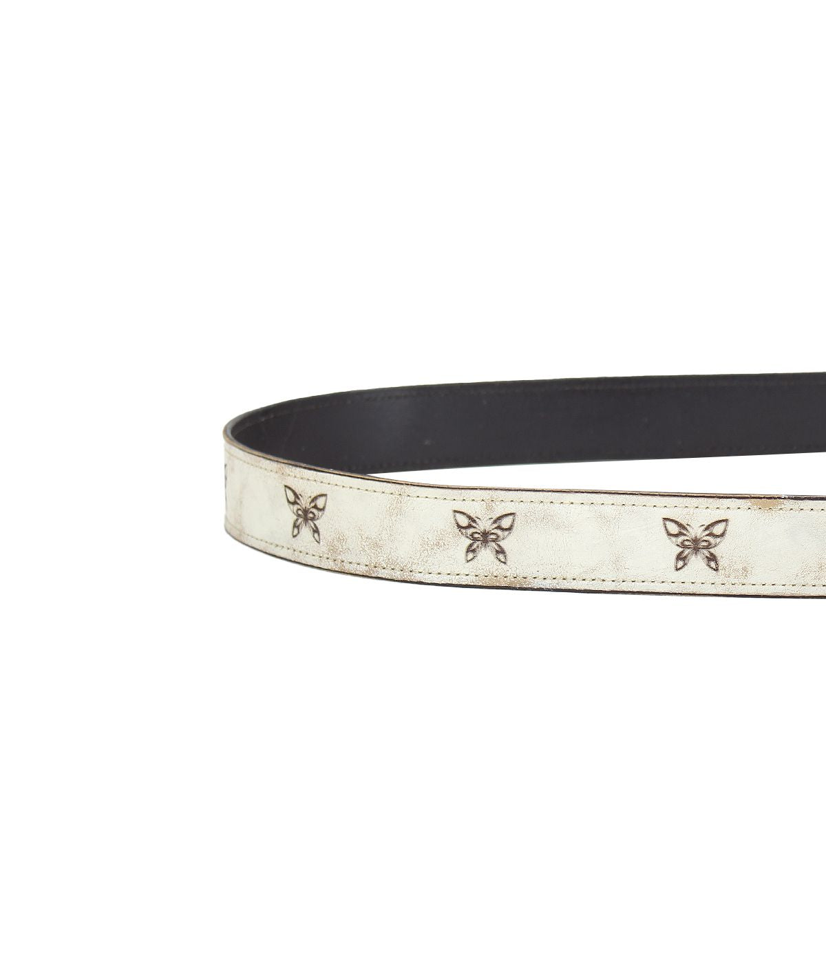 The Wander belt by Bed Stu is crafted from leather, featuring a white outer surface and a black inner lining, adorned with an enchanting design of small butterfly-shaped embellishments.