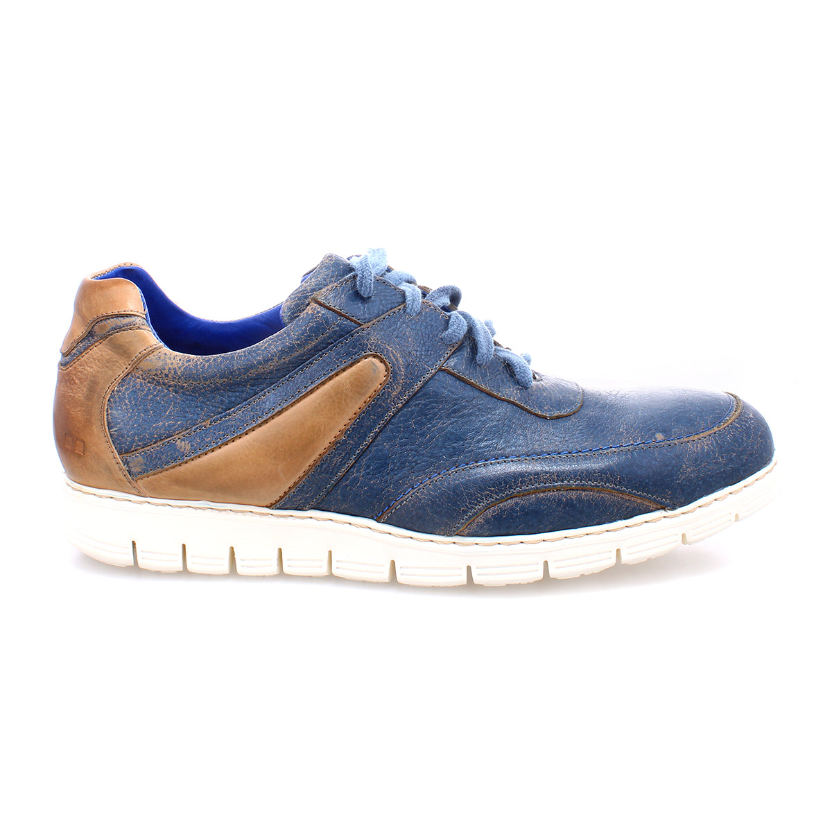 Side view of a blue and brown distressed Wardell lace-up sneaker with laces and a white sole, isolated on a white background by Bed Stu.