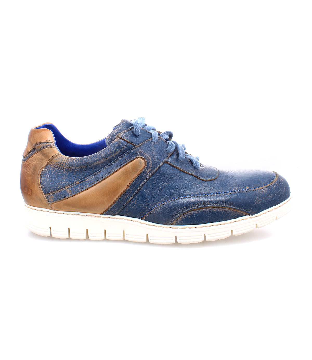 A lightweight men's Wardell blue and tan leather sneaker with a distressed lace-up outsole by Bed Stu.