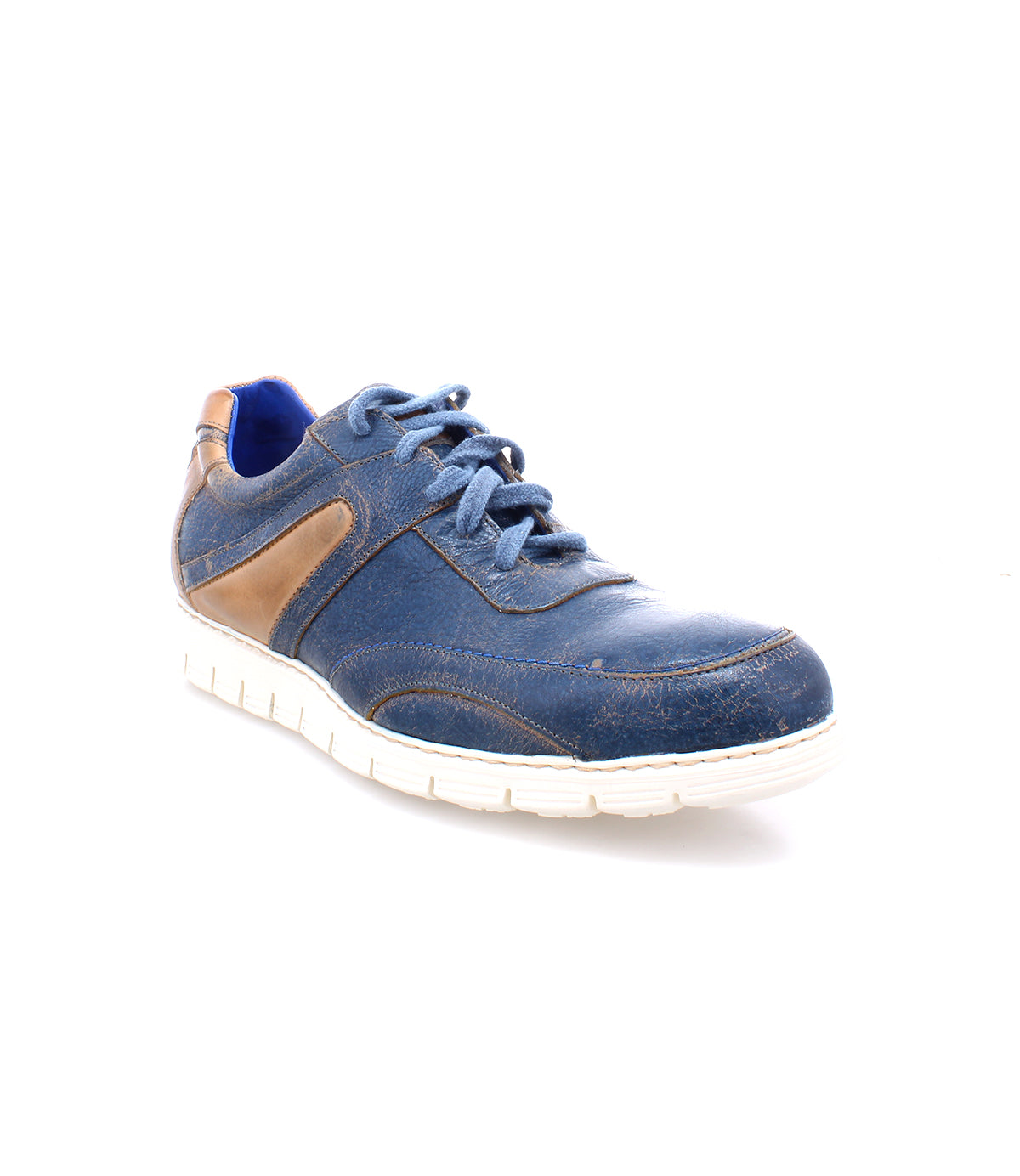 A pair of lightweight distressed lace-up Wardell sneakers for men in blue with brown laces by Bed Stu.