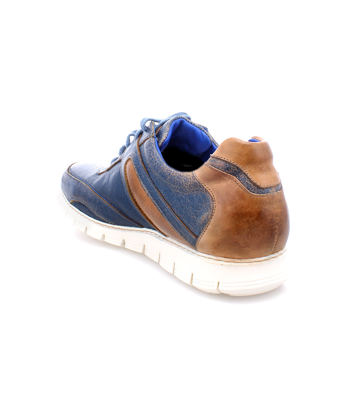 A pair of Bed Stu Wardell men's distressed blue leather lace-up sneakers on a white background.