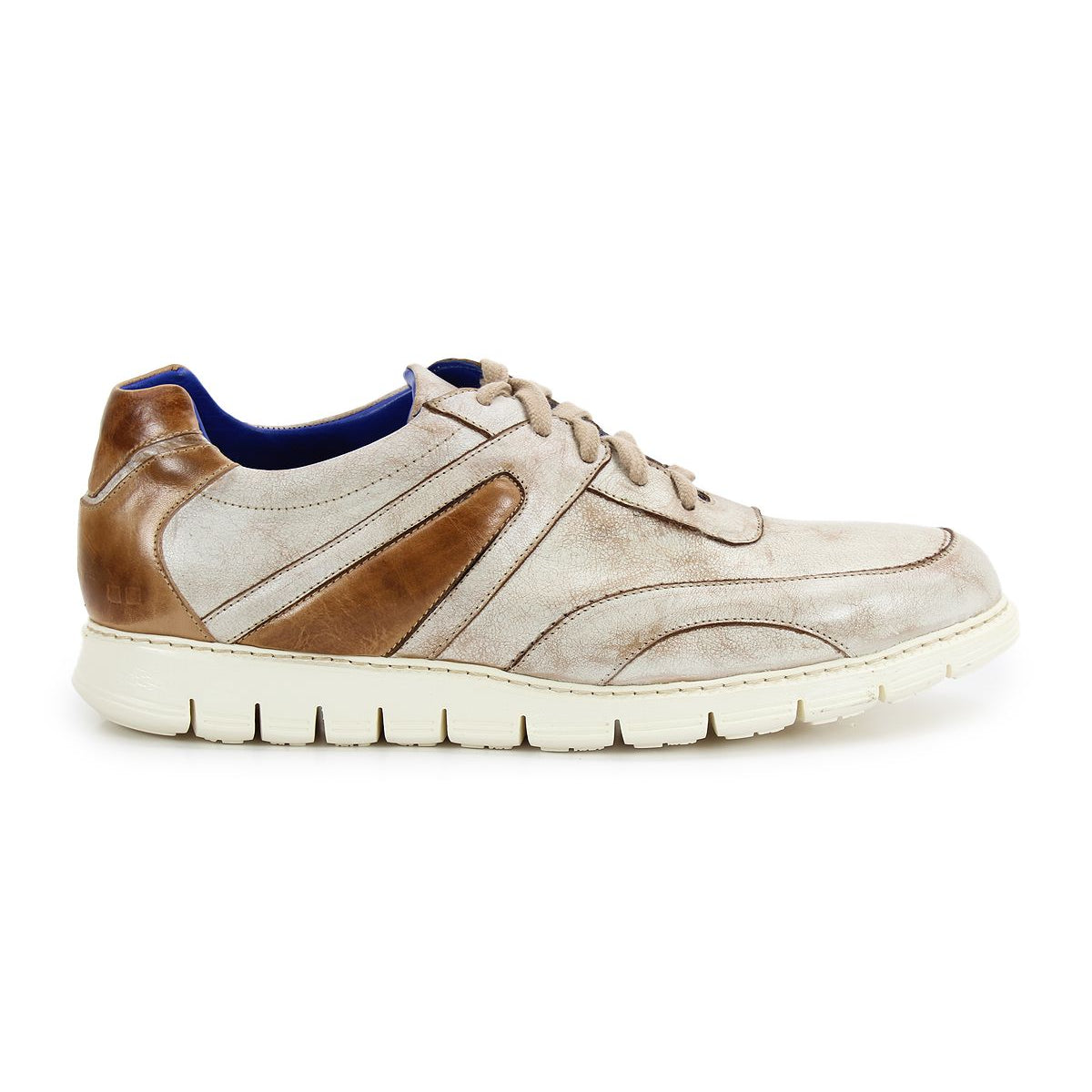 The Wardell by Bed Stu is a beige and brown lace-up sneaker featuring a lightweight outsole, white sole, side panel design, and layered stitching detail.