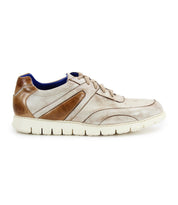 The Wardell by Bed Stu is a beige and brown lace-up sneaker featuring a lightweight outsole, white sole, side panel design, and layered stitching detail.