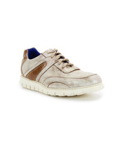 The Wardell by Bed Stu is a beige and brown casual sneaker with a white sole, featuring distressed lace-up design, blue lining, suede and leather textures, offering all-day comfort with its cushioned breathable insole and lightweight outsole.