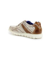 The Wardell by Bed Stu is a brown and beige casual shoe with a white sole and lightweight outsole, showcased from the back-left angle.