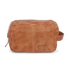 A Yatra by Bed Stu tan leather toiletry bag on a white background.