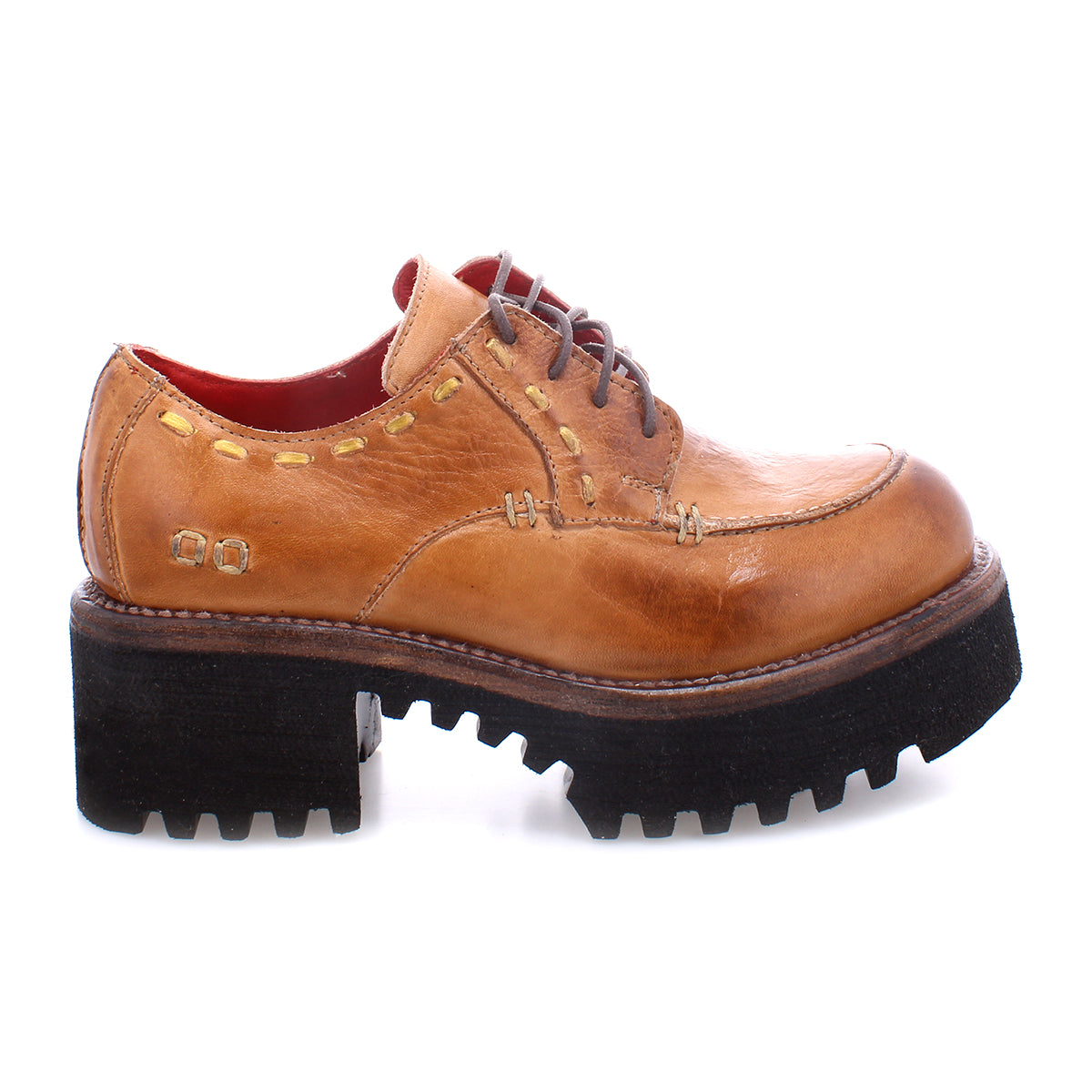 A tan leather Bed Stu Yazar shoe with studs on the outsole.