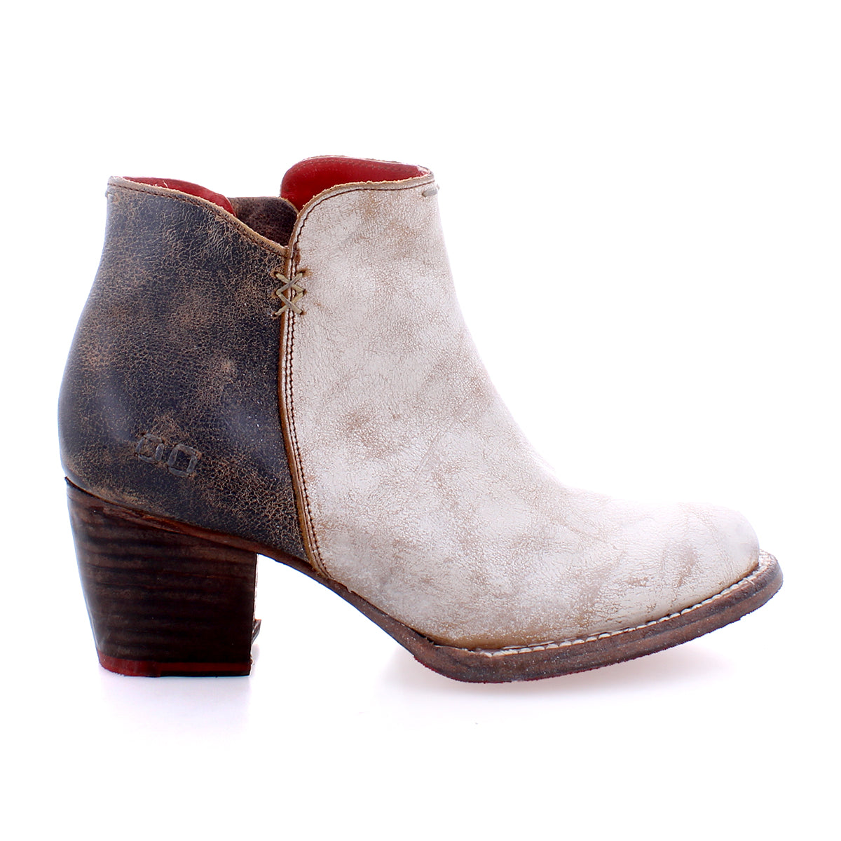A women's leather ankle boot with a red heel that showcases fine craftsmanship Bed Stu Yell.