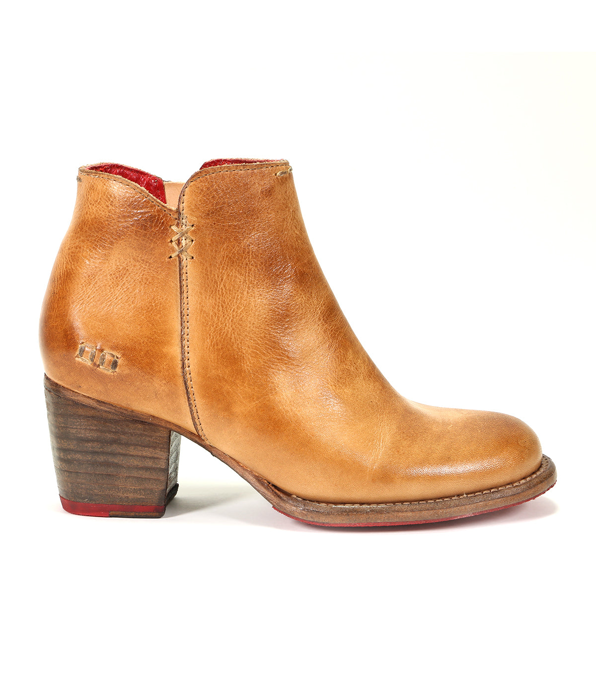 A durable women's tan leather ankle boot with a wooden heel, showcasing exceptional handmade craftsmanship called the Yell by Bed Stu.