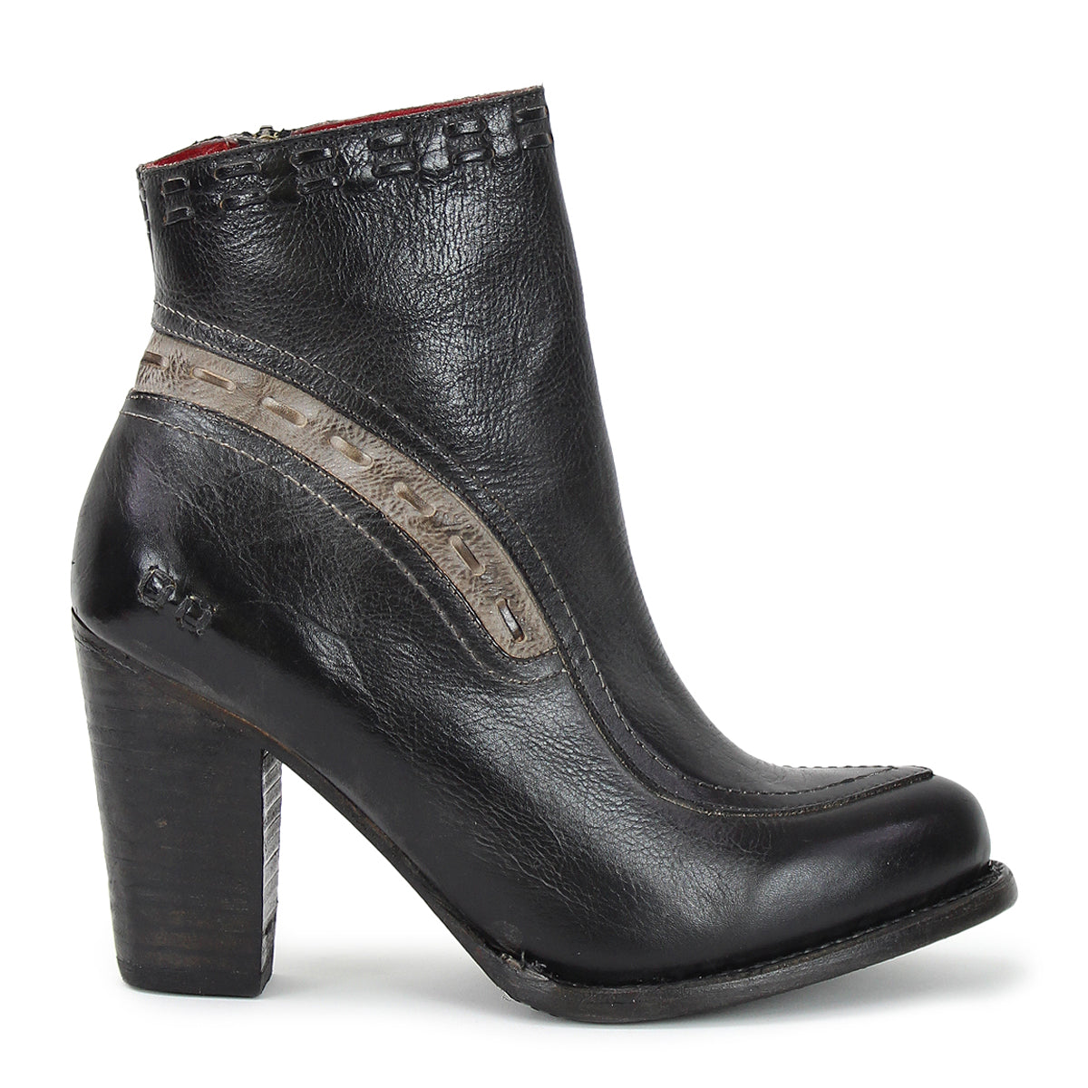 A black leather Yuno ankle boot for women with metal detailing by Bed Stu.