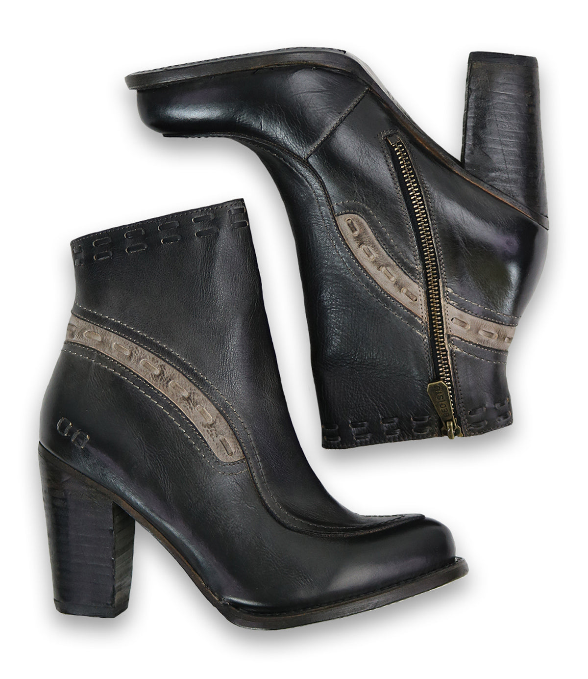A pair of Bed Stu Yuno leather ankle boots with a zipper on the side.