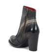 A black leather ankle boot with a zipper on the side called Bed Stu.