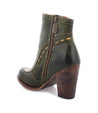A green leather ankle boot with a wooden heel, perfect for Bed Stu Yuno.