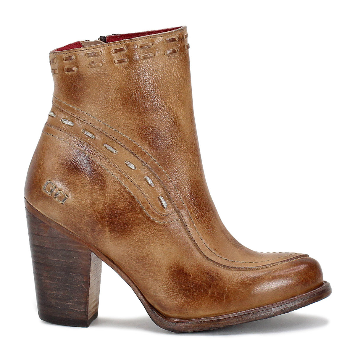 Unique women's tan ankle boot featuring a wooden heel, inspired by the Bed Stu Yuno style.