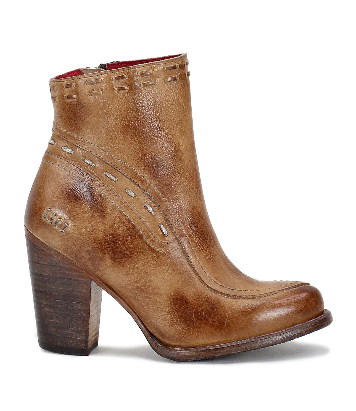 Unique women's tan ankle boot featuring a wooden heel, inspired by the Bed Stu Yuno style.