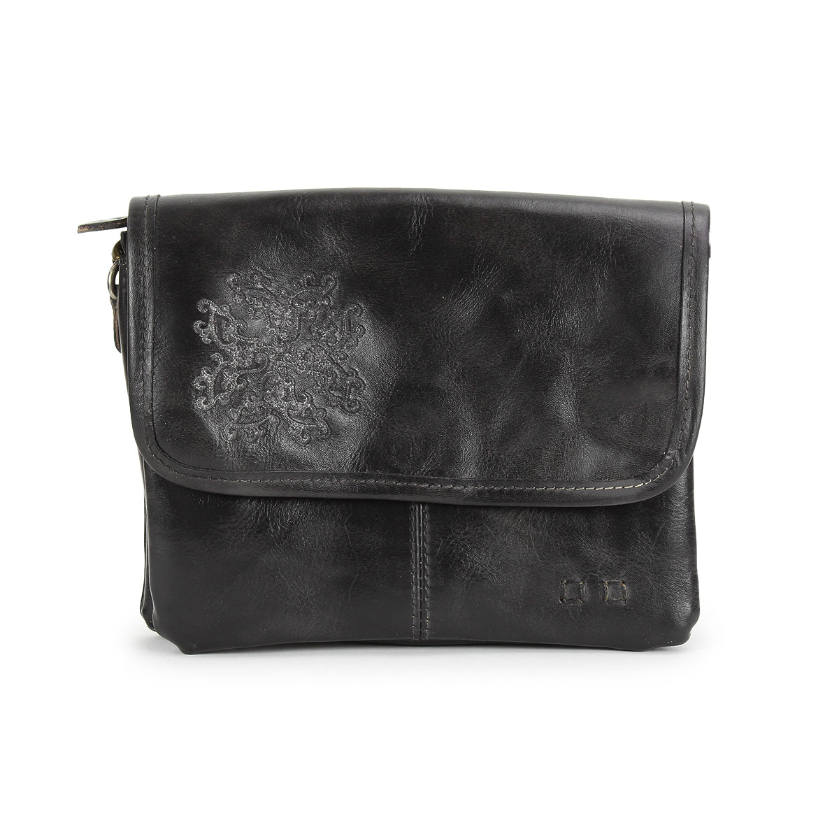 The Bed Stu Ziggy JB is a black leather crossbody bag featuring a flap closure, subtle stitching, and a faint embroidered floral design on the front.